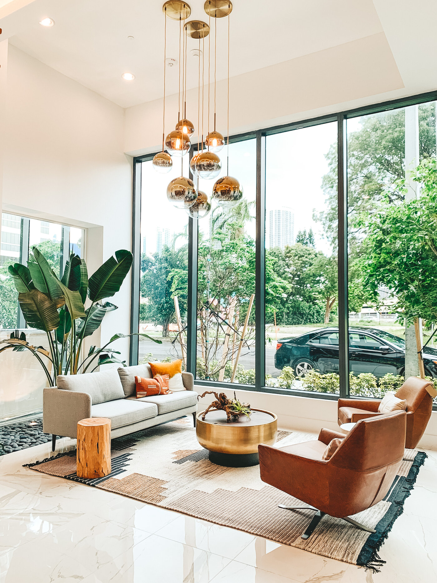 Designer lobby lounge with pendant lighting