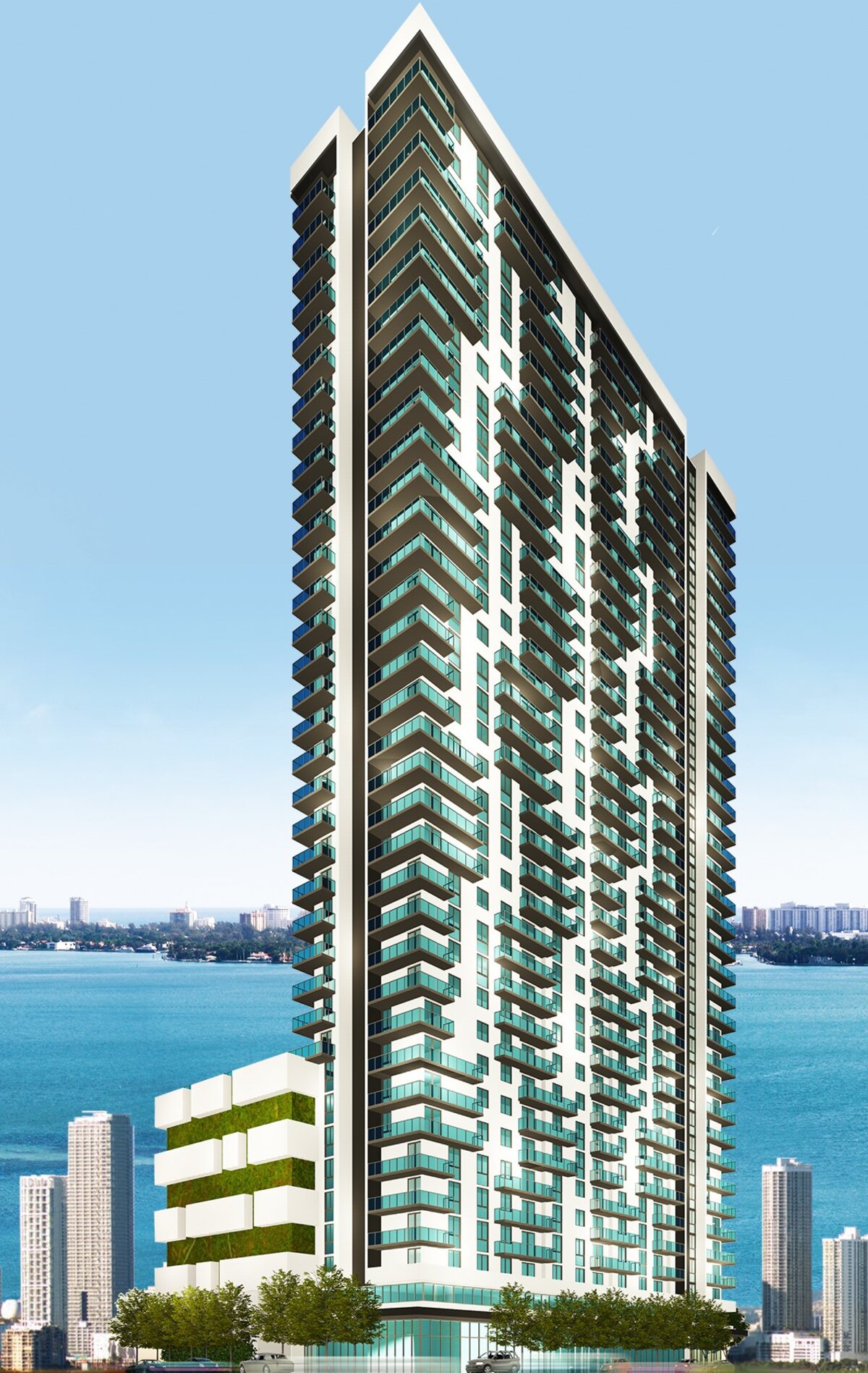 Facade detail with chevron balconies and living wall