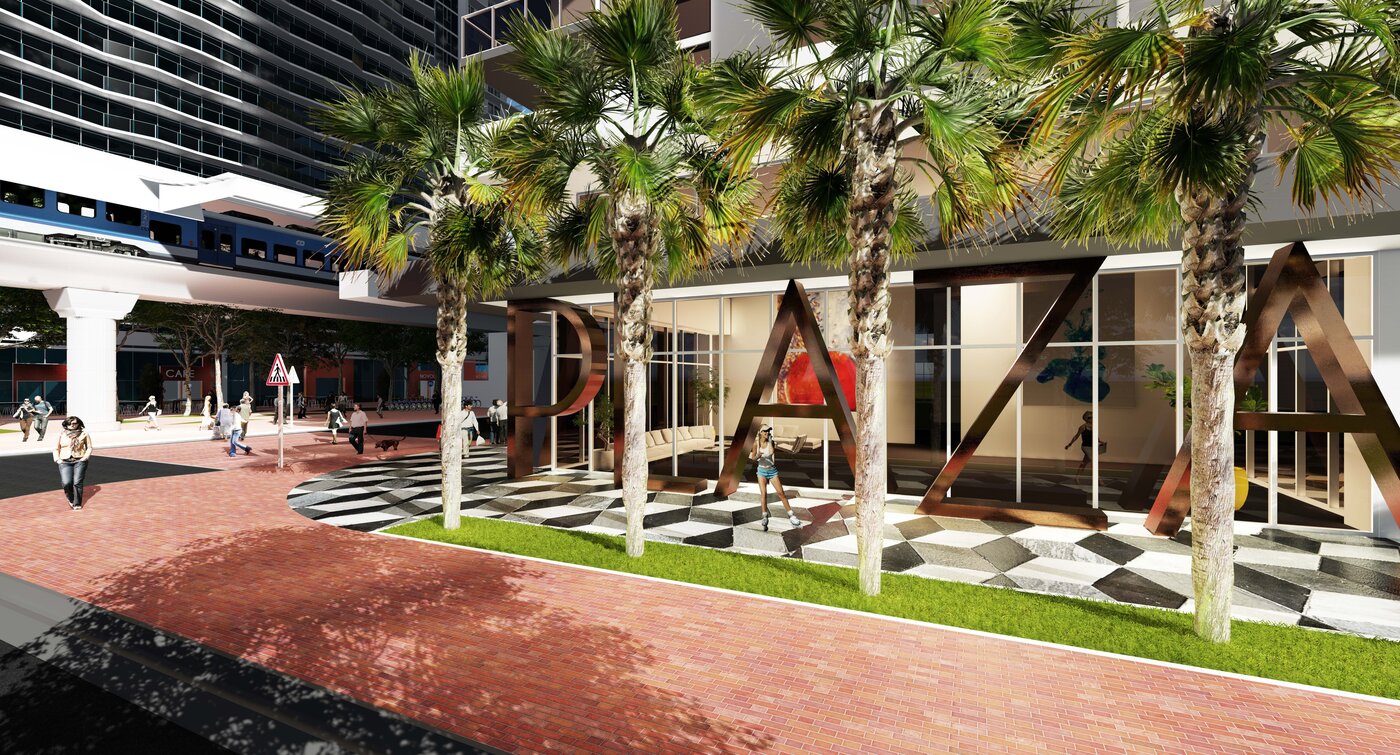Plaza entrance with sculptural PLAZA signage