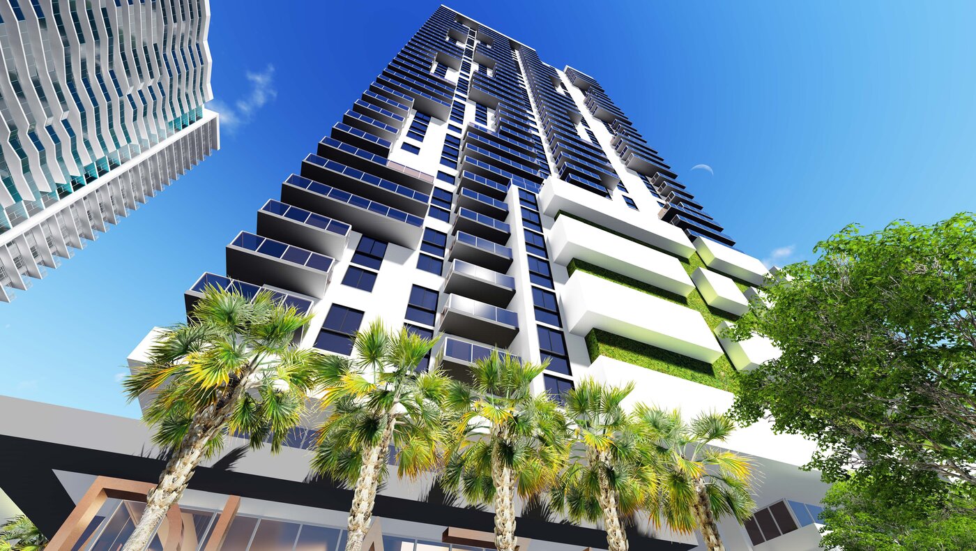 Miami Plaza Tower dramatic low-angle view