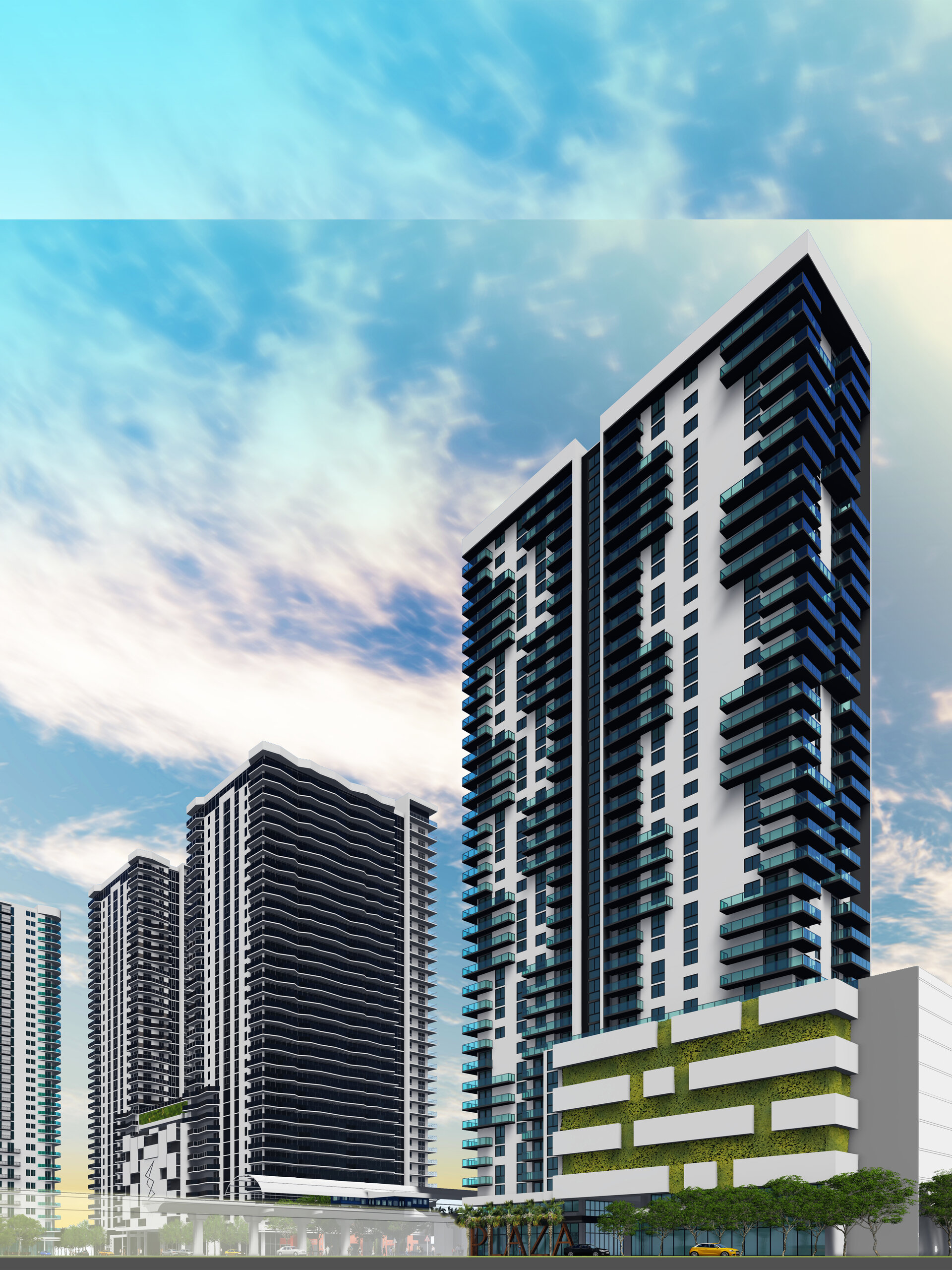 Miami Plaza Tower street-level sunset view